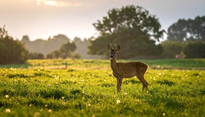 Roe deer standing alert in a lush green meadow at dawn.