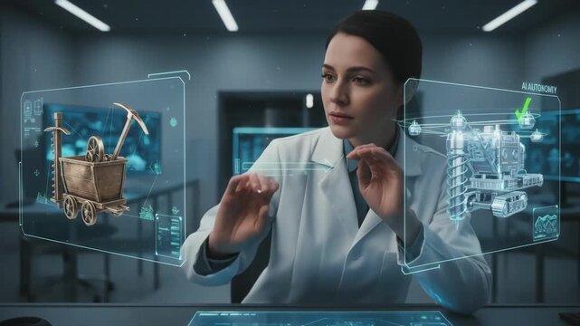 Medium shot featuring a researcher interacting with 3D holographic models highlighting differences between early and presentday mining equipment.