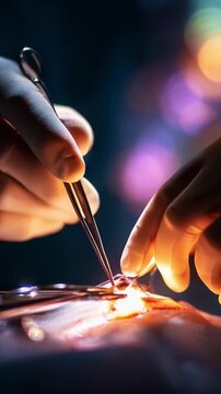 Surgical Precision: A Close-up of Hands Performing Delicate Surgery With Fine Instruments in a Brightly Lit Operating Room Environment