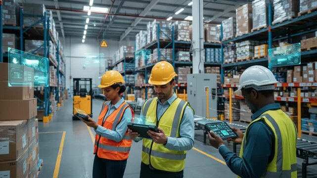 Medium shot focused on a team using sensorenhanced handheld devices to identify and mitigate hazards remotely in a dynamic warehouse environment.