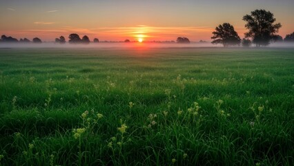 Obraz premium Sunset over green grassy field.