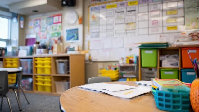 Medium shot of a special education resource room with a clear visual schedule on the wall sensory tools in focus and background learning materials softly blurred.