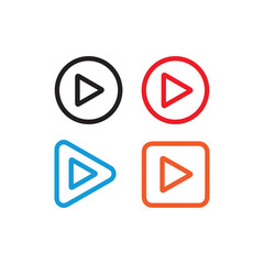 Four colorful play buttons in circular and triangular shapes on white background