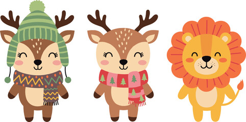 Cute winter animal characters set with reindeer and lion wearing cozy scarves and hats in kawaii cartoon style for kids vector illustrations © Sanjida