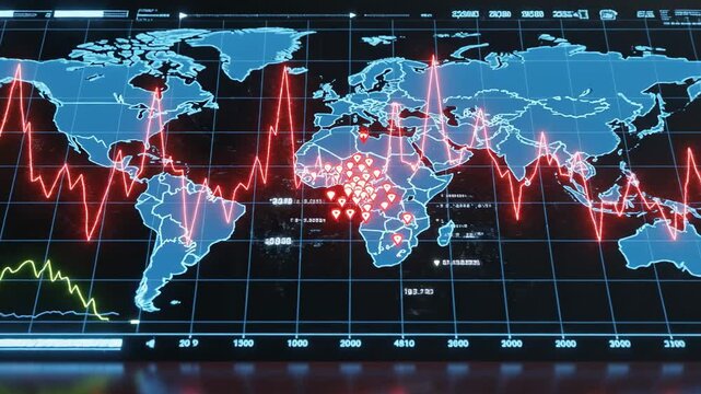 A high-tech interface displays global seismic data, featuring a jagged red seismograph line and concentrated epicenter markers over Africa, visualizing geological risks on a futuristic map