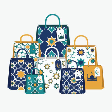 Islamic Ramadhan Gift Bags with Crescent Moon and Stars Patterns Illustration 117 VR11.eps