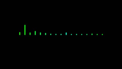 A digital audio waveform display with green bars on a black background, representing sound levels and frequencies