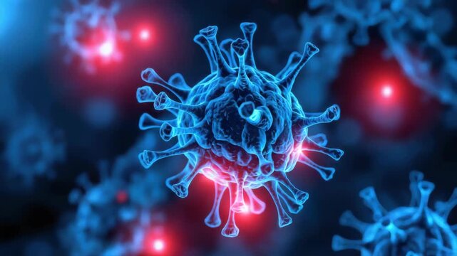 Blue virus particle close up with glowing red inflammation glow conveying infection risk