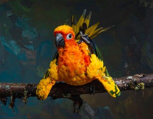 A vibrant parrot with yellow, orange, and green plumage perches on a branch against a textured, dark background