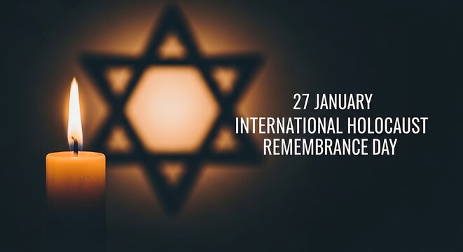 Commemorating international holocaust remembrance day on 27 january with a single glowing candle casting a shadow of the star of david symbol