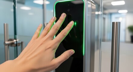 Person uses advanced biometric scanner for contactless access control at an entry point