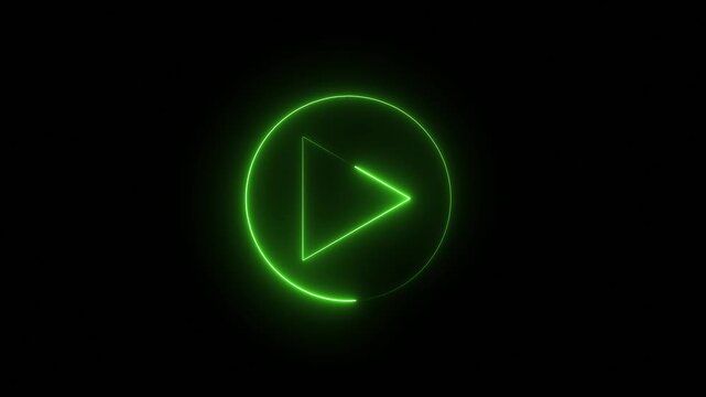 Neon glowing Video play button icon animated on a black background.
