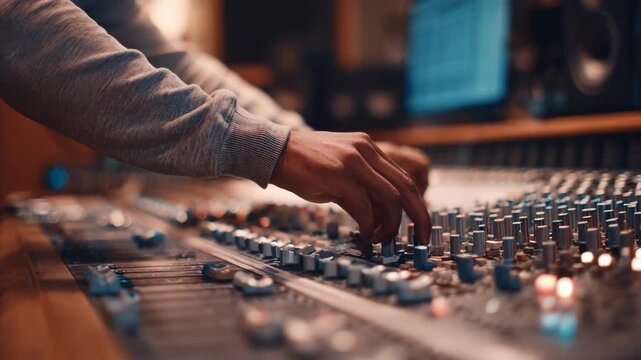 Medium shot of a music production student adjusting mixing console faders in a softly blurred treated studio highlighting beginner audio mixing techniques during a handson lesson.