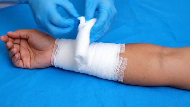 Hands in blue gloves apply a thick gauze pad and wrap a sterile bandage around a patient's forearm and wrist, demonstrating proper wound dressing and first aid technique.