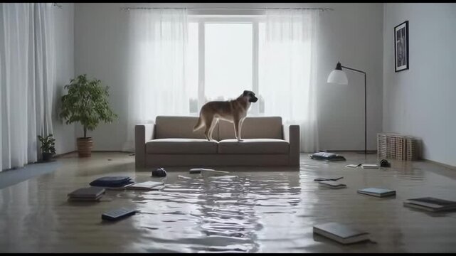 Stranded dog standing on a sofa in a flooded living room with books floating on the water surface. Soft window light illuminates the interior scene of domestic devastation and disaster.