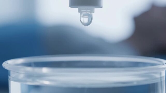 Macro footage captures clear liquid droplets rhythmically falling from a medical or lab apparatus into a container of water, showcasing the formation, descent, and splash in slow motion.