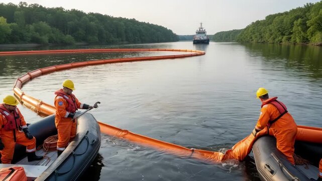Medium shot focusing on deployment crew installing oil containment barriers on a calm river surface to mitigate pollution following an accidental leak.