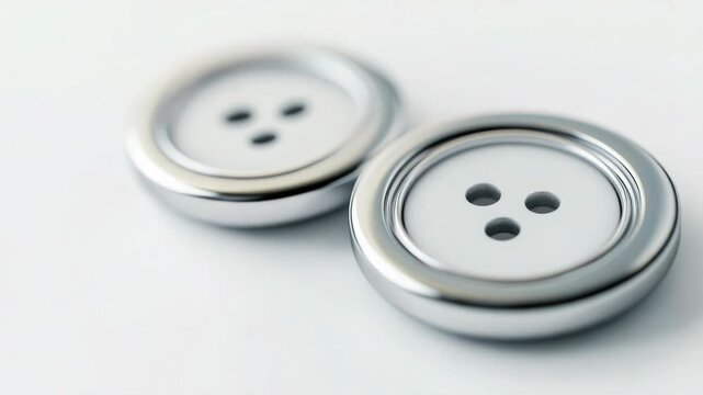 Video Close-up of two silver buttons on a plain white background, suitable for use in fashion or design context