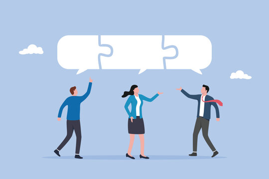 Smart business people team with connected jigsaw puzzle speech bubble, compromise to get solution in business meeting, leadership to communicate and connect ideas in brainstorm session concept.