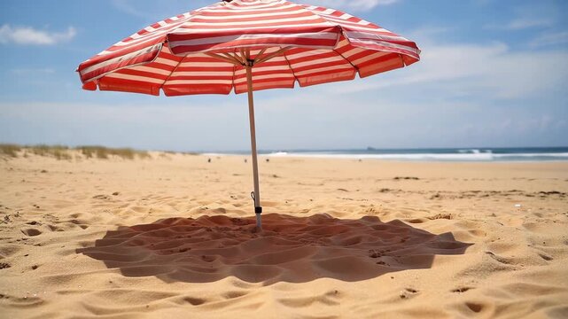 Red striped beach parasol casting shade on sunlit sand by the sea