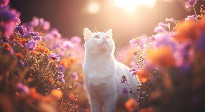 Serene white cat in a vibrant flower field at sunset