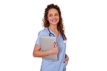 Female nurse holding laptop and stethoscope, smiling towards the right, representing healthcare technology and patient care on transparent background
