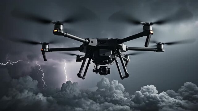 A stunning aerial display unfolds as a mighty drone strides through dark, tempestuous clouds, illuminated by bright flashes of lightning. Nature's wonder comes alive.