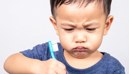 Reluctant Toddler Boy Learning to Brush Teeth with a Frown