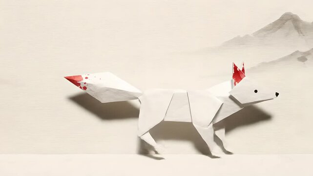 Origami white fox with red accents walks through an elegant ink wash mountain landscape. This animated paper art creature evokes Japanese folklore, minimalist design,
