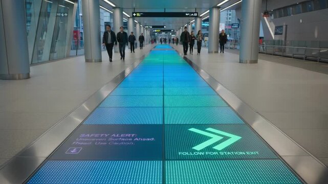 Medium shot featuring a sleek LED display integrated into a public walkway providing live safety notifications and directional guidance.