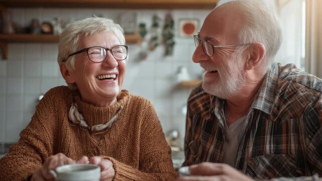 Joyful elderly couple laughing heartily together, sharing a moment of happiness and connection