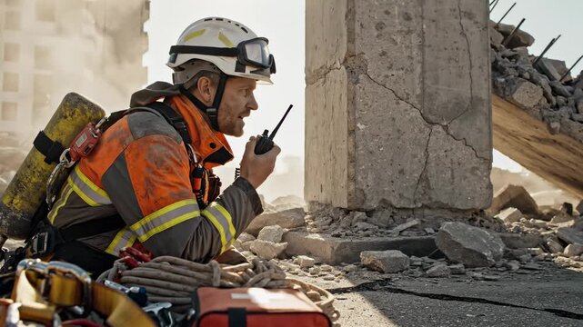 Professional firefighter in safety gear using walkie-talkie to coordinate rescue efforts among collapsed concrete ruins, surrounded by emergency equipment after a major seismic event