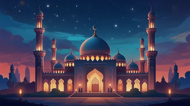 A serene mosque with illuminated minarets and domes stands under a starry night sky, set against a cityscape, likely used for cultural or religious events