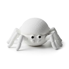 Adorable white fuzzy spider creature with round body and cute big eyes isolated on white background
