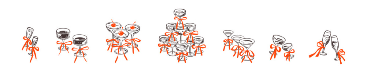 Fototapeta premium Set of hand drawn doodle champagne, Prosecco, cocktail, wine, martini, strawberry margarita glasses with coquettish pink ribbon bows. Champaign wedding glass tower. Whimsical crayon freehand drawing