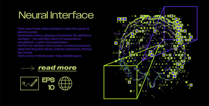 Human brain silhouette made of dense neon particle clouds, wireframe connections, glowing data overlays. Conceptual vector illustration for neural interfaces, brain-computer interfaces, neuroscience.