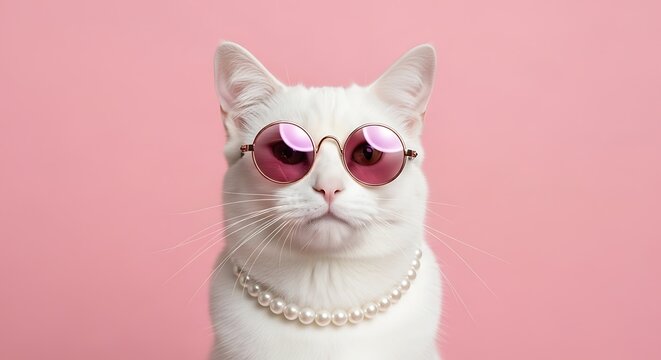 Elegant white cat wearing pink sunglasses and pearl necklace on pink background