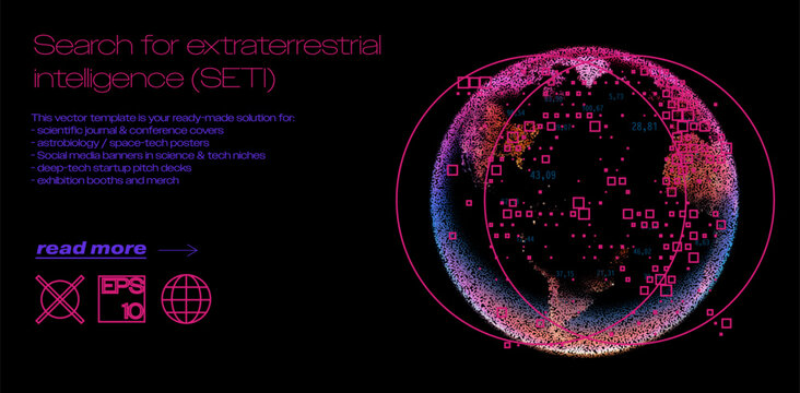 Earth as a glowing spherical data map dotted with pink and blue numbered coordinates. Conceptual vector illustration for SETI, extraterrestrial intelligence search, astrobiology, and space technology.