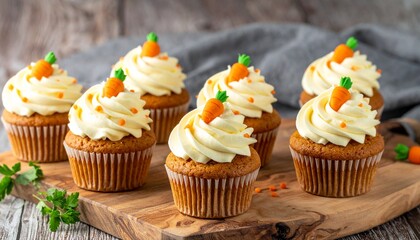 Carrot Delight: A delectable collection of carrot cupcakes, each meticulously crafted with a creamy frosting and a charming carrot topper, arranged on a wooden board sweet