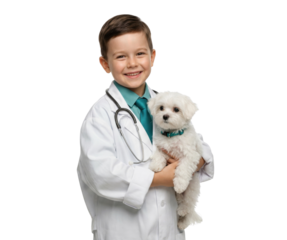 Smiling Young Boy in White Doctor's Coat Holding White Puppy