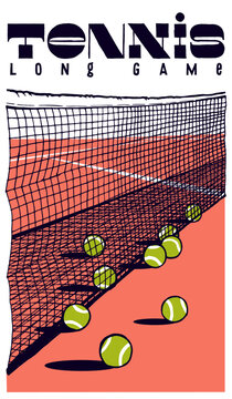Tennis balls near the net. Tennis long game vintage typography t-shirt print vector illustration.