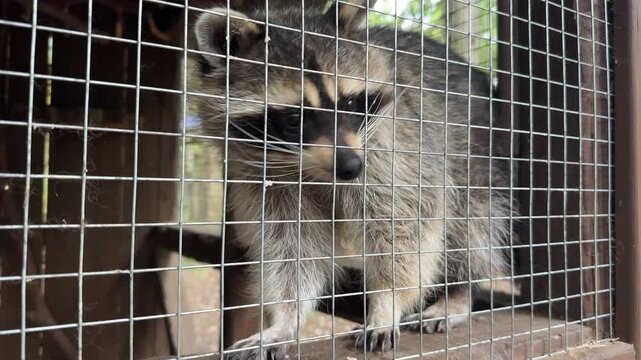Raccoon in the zoo behind the bars of the fence. Sad raccoon for grid wire in captivity