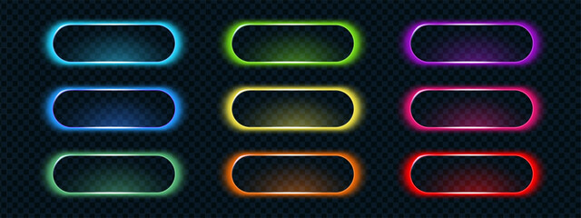 3d light glow neon frame button box elements with clean call action design and bright solid colors. These neon call action graphics look energetic and modern.
