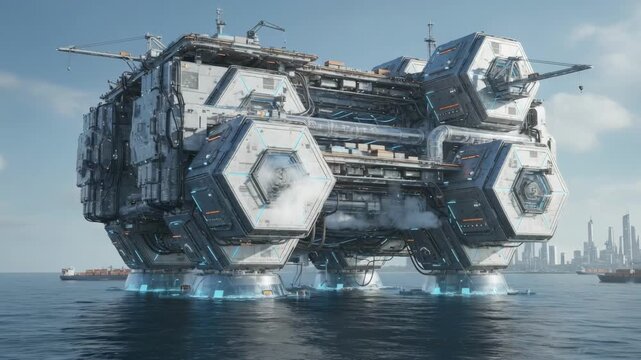 Medium shot illustrating a polygonalshaped floating storage unit with multiple interconnected compartments emphasizing its engineering complexity and operational capacity
