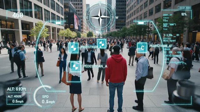 People move briskly through a busy city square filled with towering buildings as digital overlays highlight interactions and connections among them. The vibrant atmosphere pulses with energy.