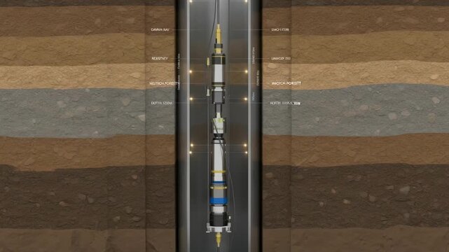 Medium shot focused on a cased well logging operation showcasing wireline tools analyzing geological layers through the casing pipe.