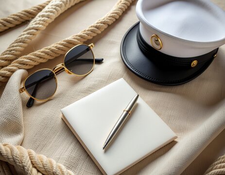 Luxury Yacht Lifestyle Flat Lay with Captain Hat, Nautical Rope and Elegant Accessories