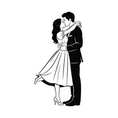 Silhouette of a couple embracing and kissing on white background love romance