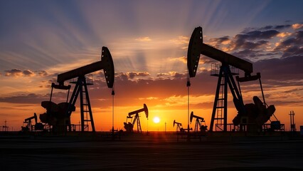 Silhouetted oil pump jacks against a dramatic golden sunset sky with sun rays