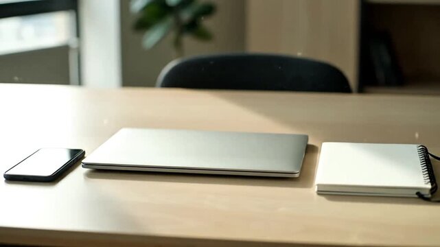 Minimal workspace with laptop and smartphone on desk
